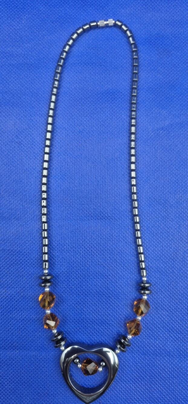 Hematite Bead Necklace Open Heart Pendant Amber Colored Faceted Beads 17" Long